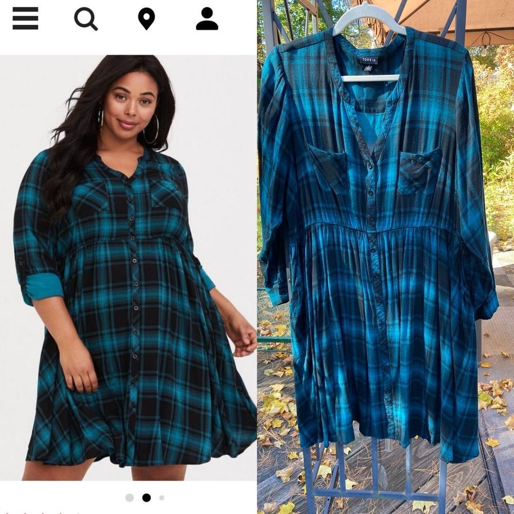 Torrid 2X Mini Challis Button-Front Teal & Black Plaid Shirt Dress
